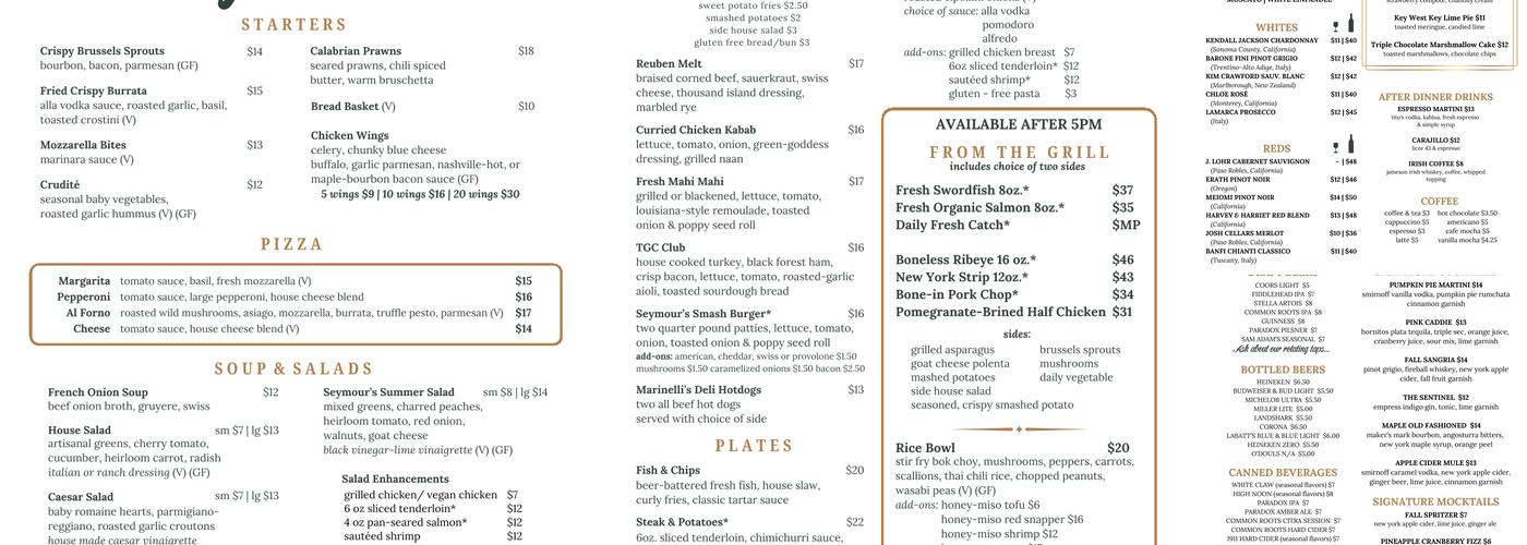 Seymour's Restaurant & Tap Room Menu