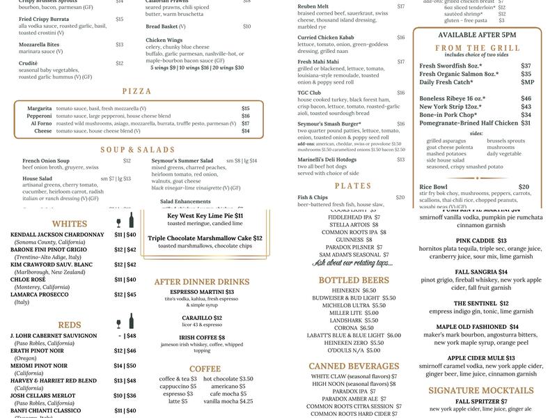 Seymour's Restaurant & Tap Room Menu