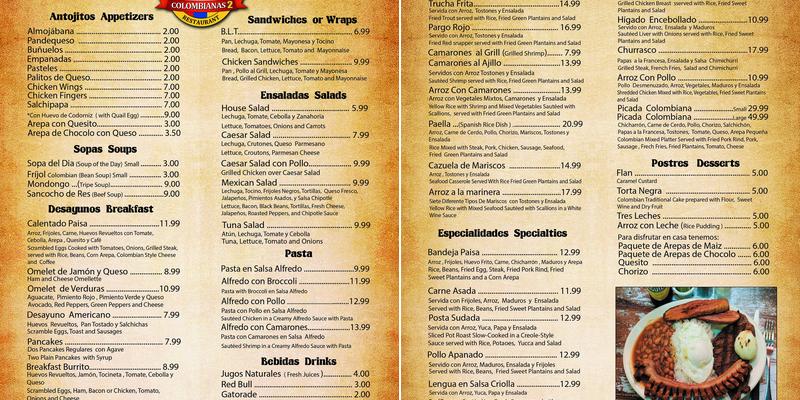 Gela's Place Colombian Cuisine Menu