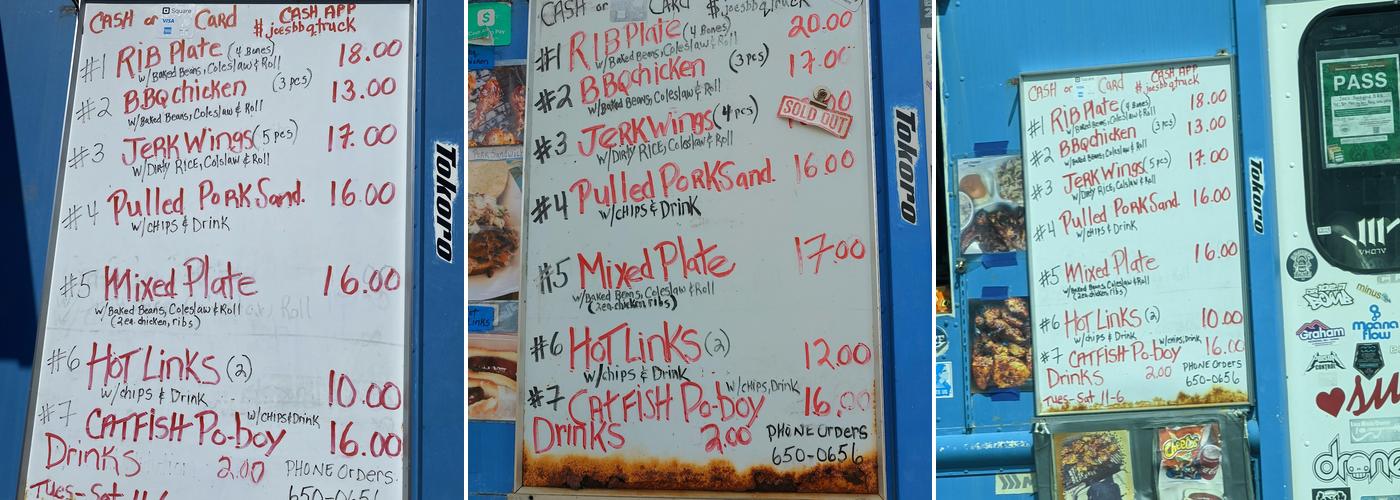 Joe’s Backyard BBQ Lunchwagon Menu