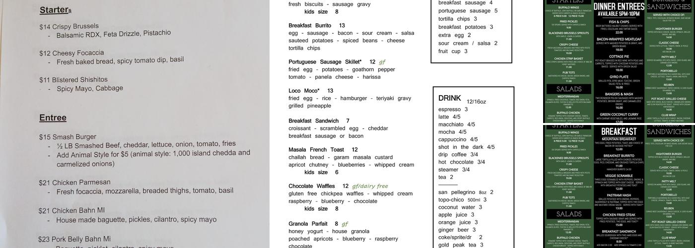 Hightower Pub Menu
