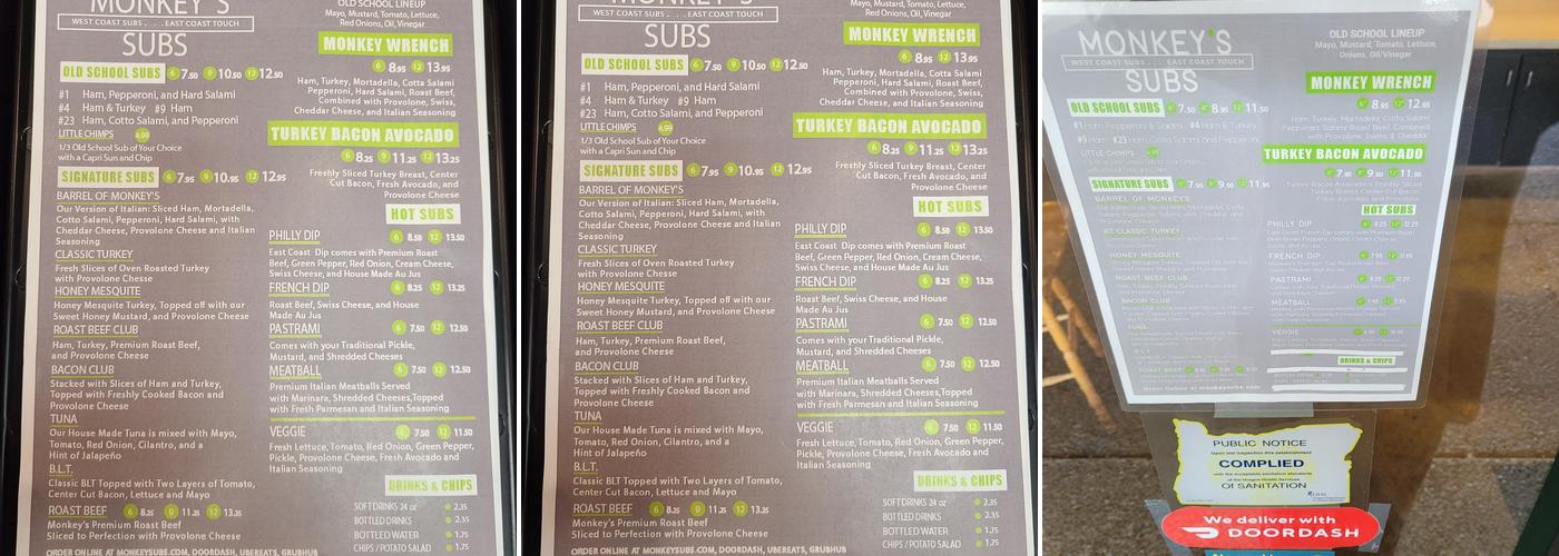 Monkey's Subs Lake Oswego Menu