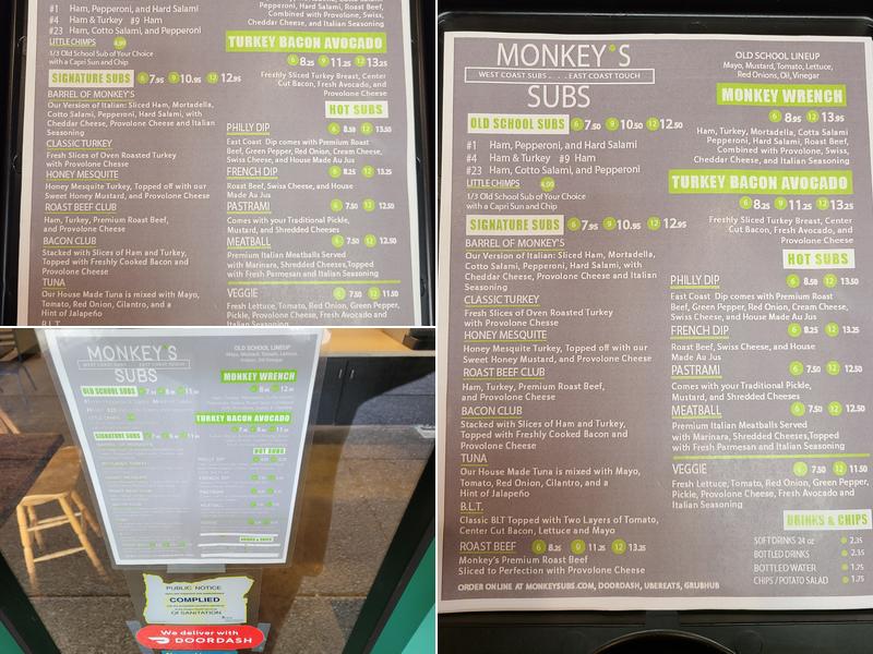 Monkey's Subs Lake Oswego Menu