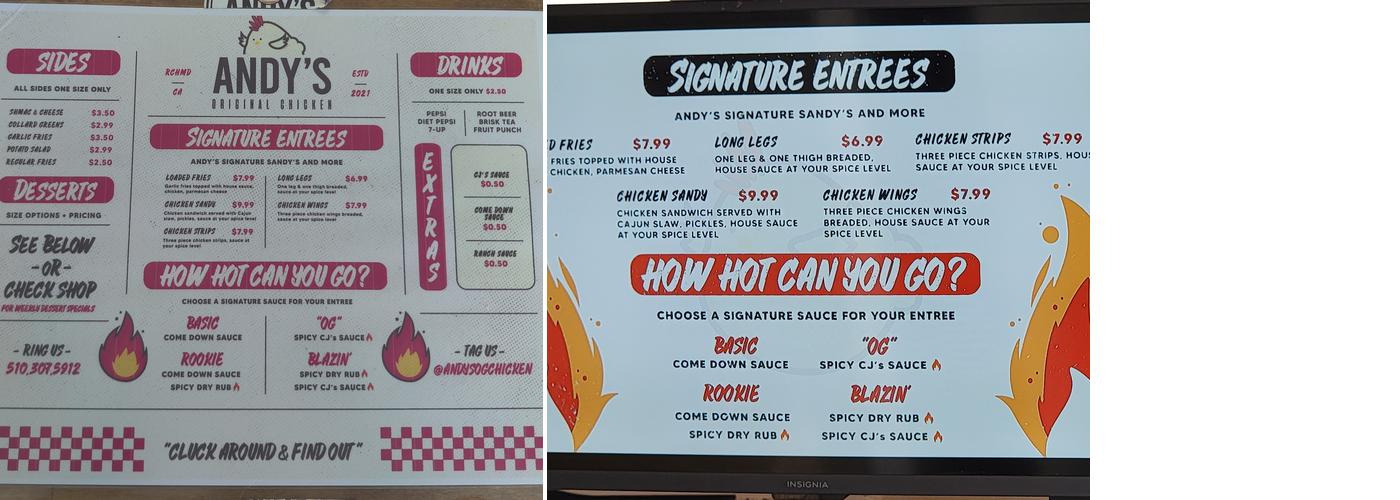 Andy’s Halal Chicken Menu