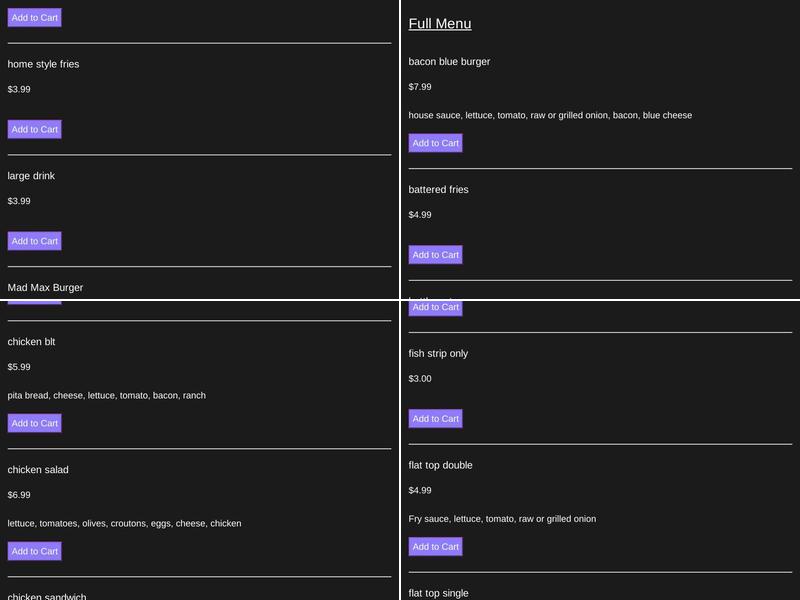 Mad Max’s Grillz Menu