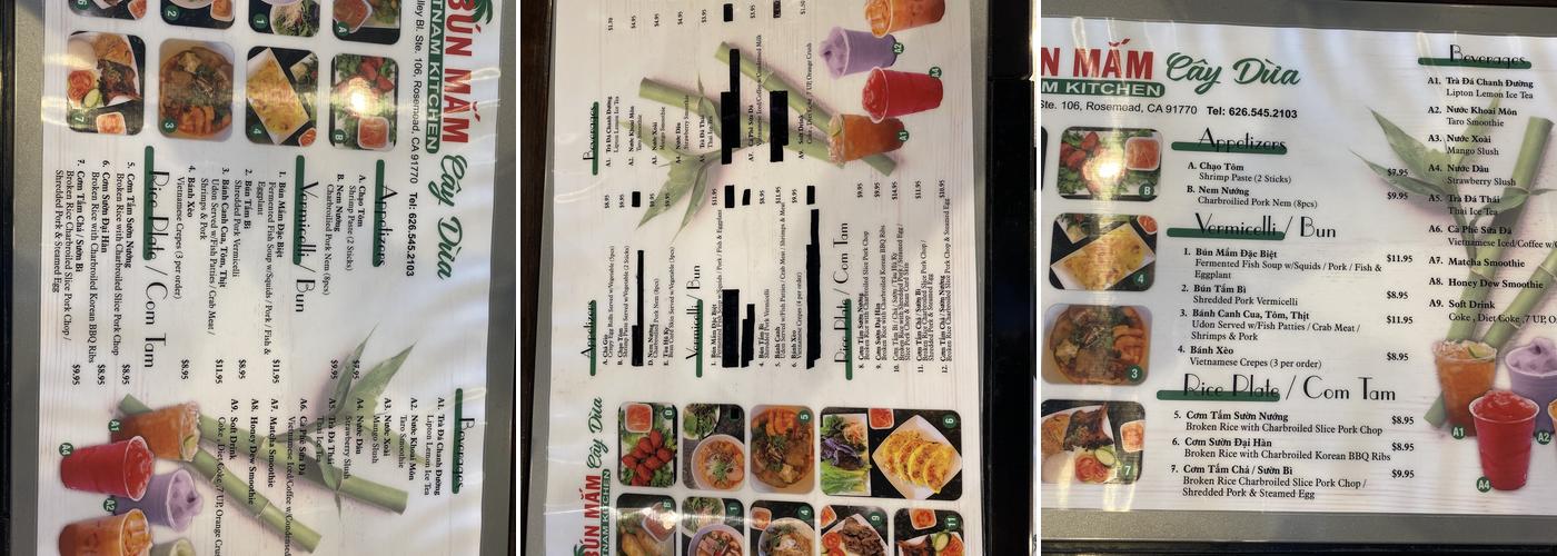 Bun Mam Cay Dua Menu