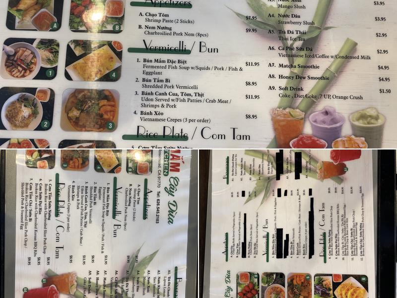 Bun Mam Cay Dua Menu