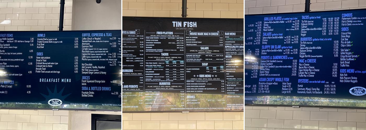 Tin Fish Santee Lakes Menu