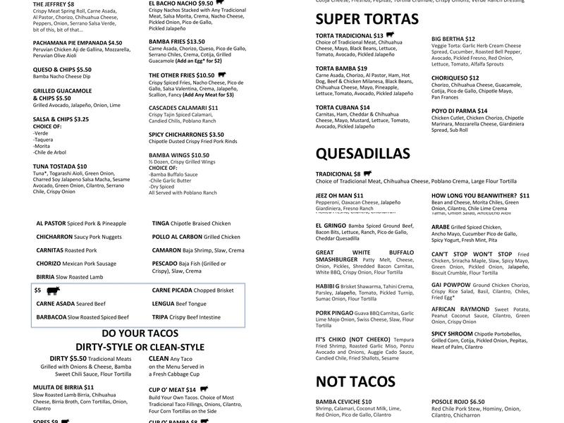 Taco Bamba Menu