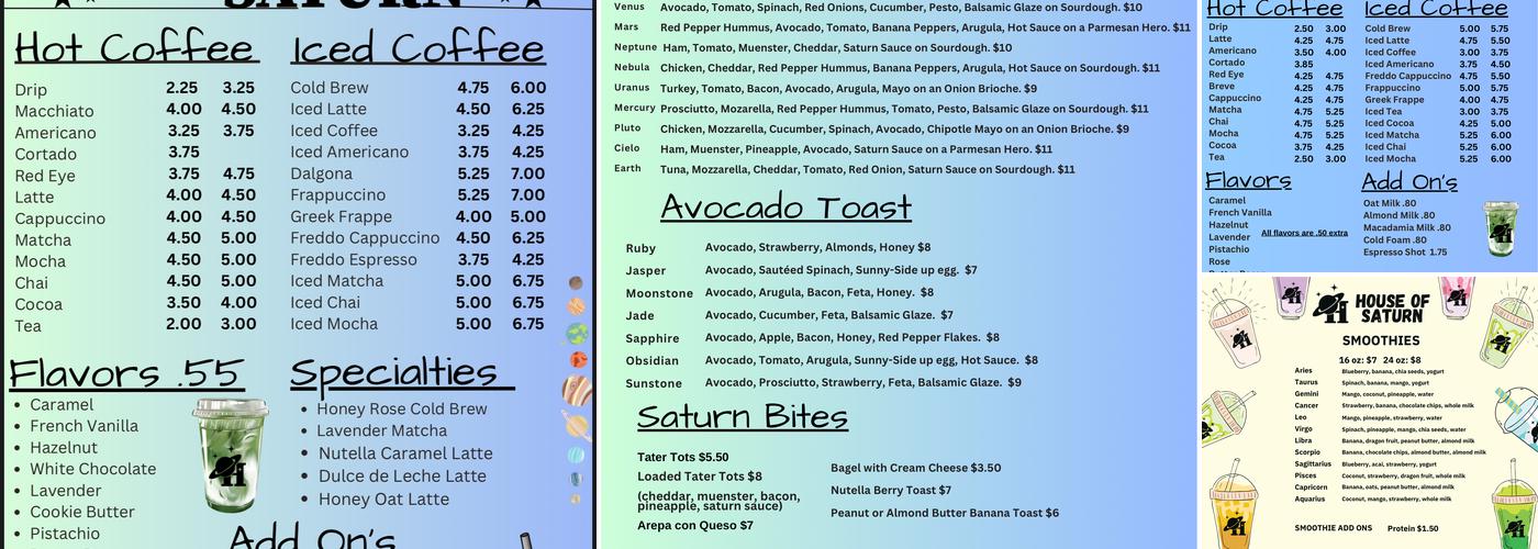 House of Saturn Cafe Menu