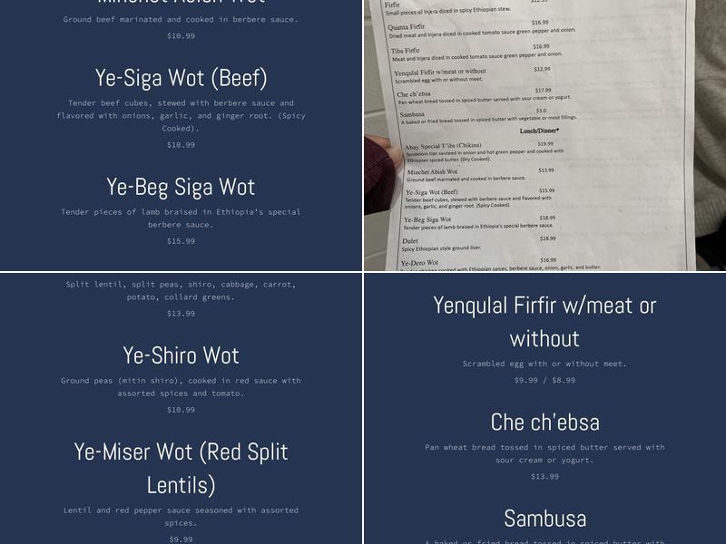 BLUE NILE Ethiopian market and restaurant Menu