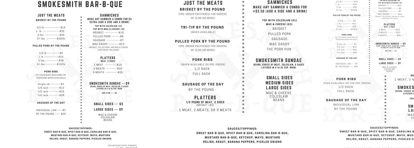 Smokesmith Bar-B-Que Menu
