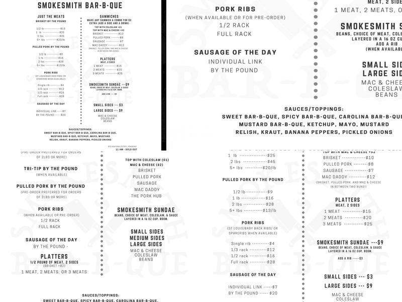 Smokesmith Bar-B-Que Menu