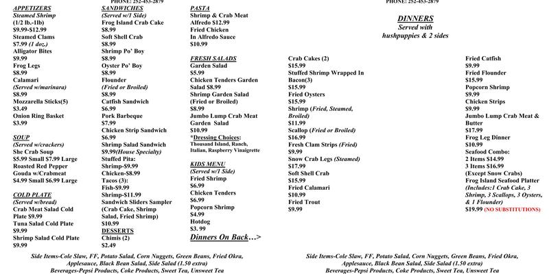 Frog Island Seafood Inc Menu