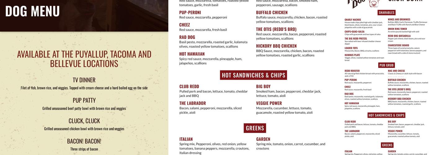 The Redd Dog Tacoma Menu