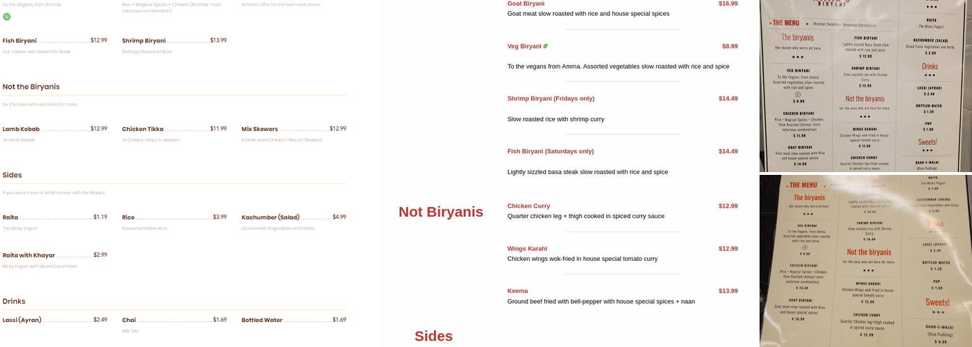 Amma's Biryani Menu