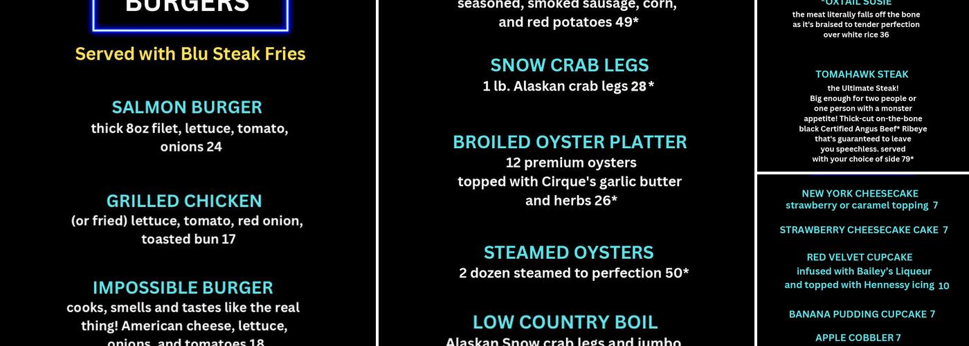 Cirque Blu Seafood House Menu