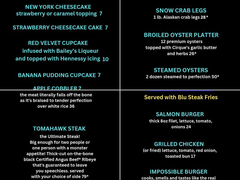 Cirque Blu Seafood House Menu