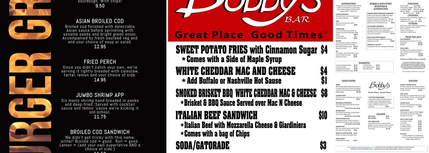 Bobby's Bar Great Place Good Times Menu