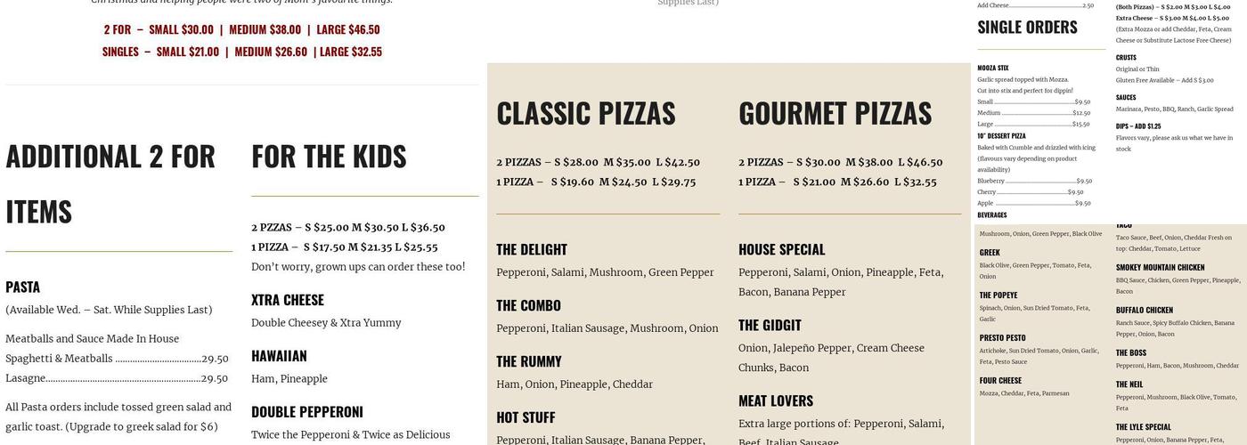 Moo's Pizza Menu