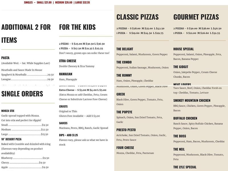 Moo's Pizza Menu
