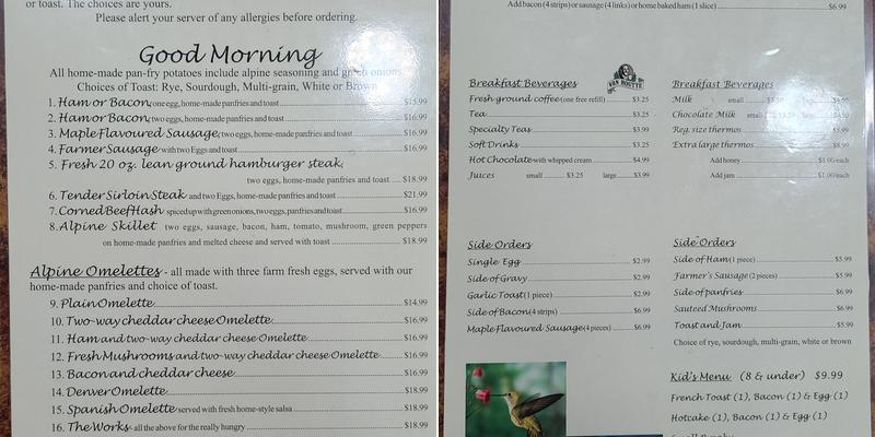 Canyon Alpine Restaurant Menu
