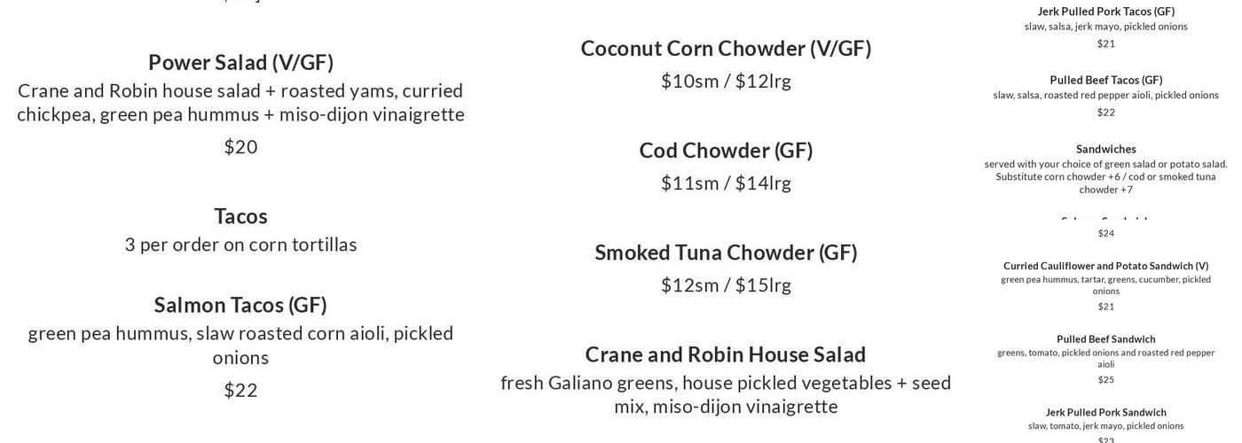 The Crane and Robin Restaurant Menu