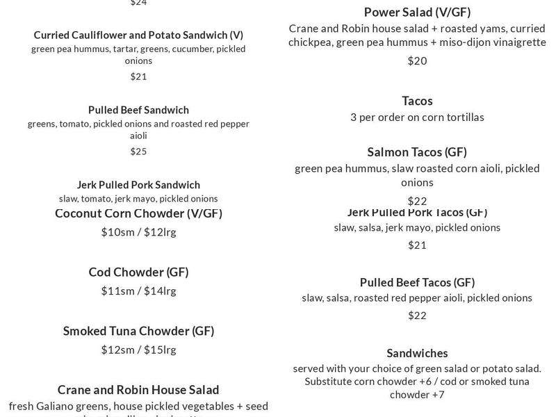 The Crane and Robin Restaurant Menu