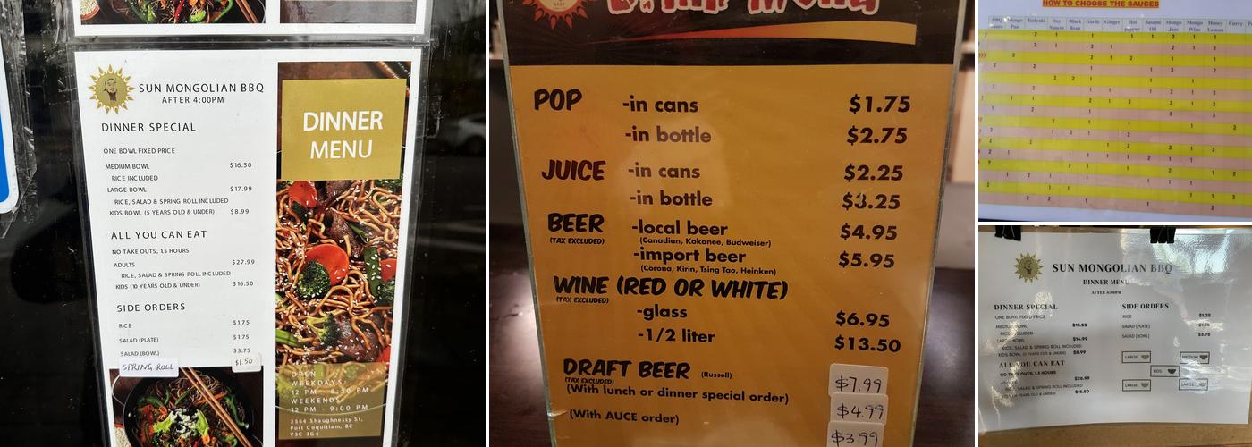 Sun Mongolian BBQ Menu