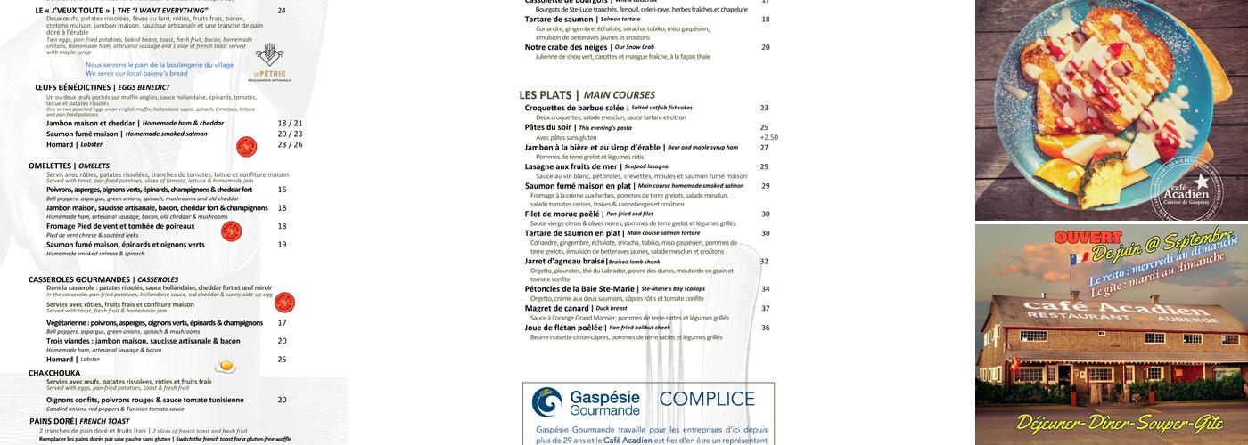Café Acadien Bonaventure Inc. Menu