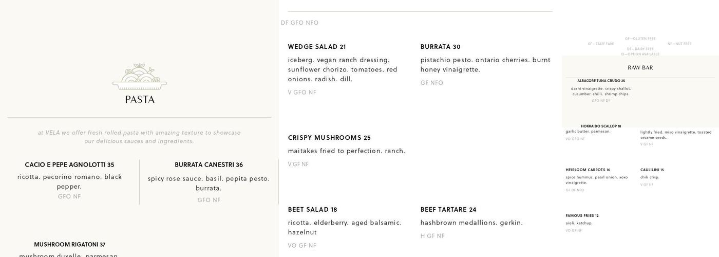Vela Toronto Menu