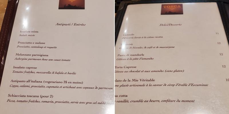 Tosca Menu