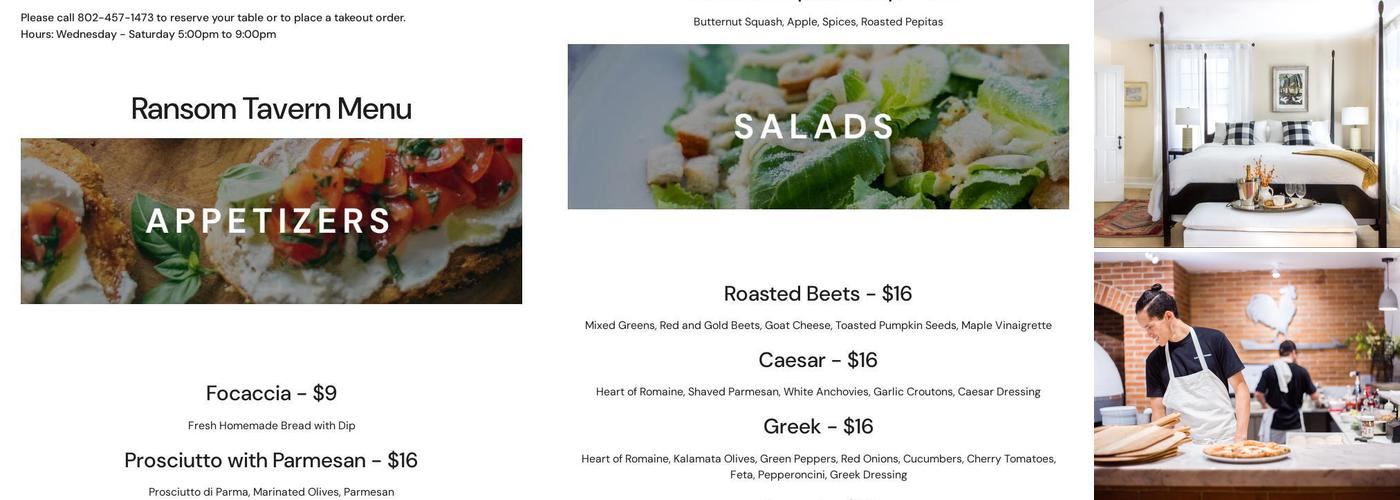 Kedron Valley Inn Menu