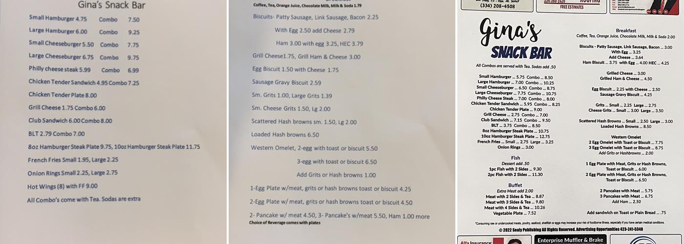 Gina's Snack Bar Menu
