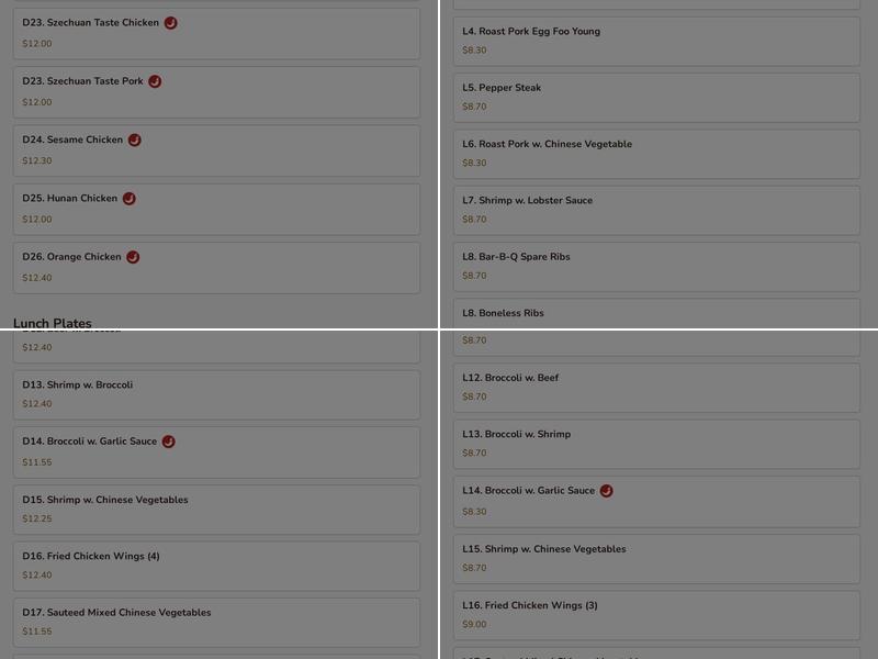 Yi Hing Restaurants Menu