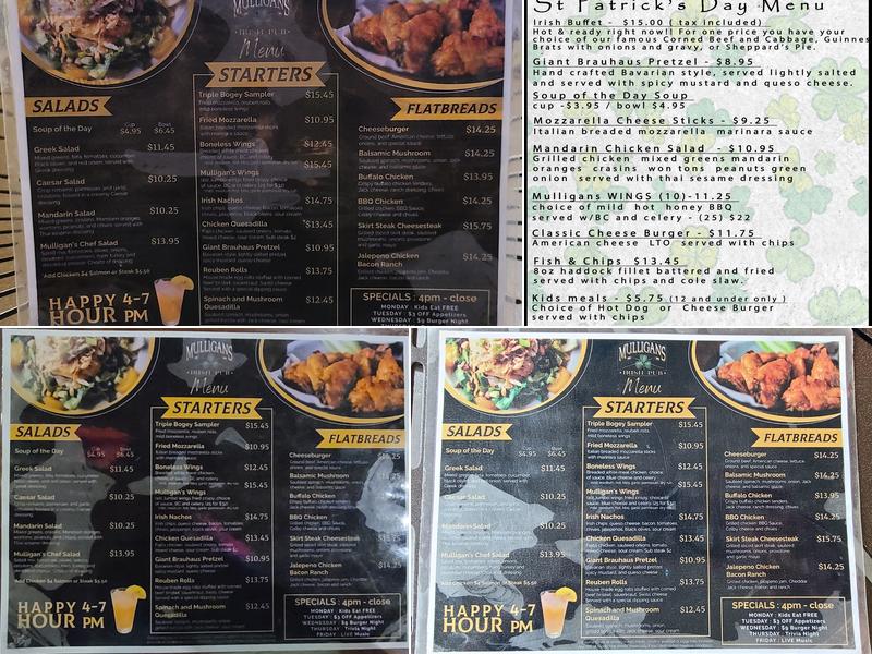 Mulligans Irish Pub Menu
