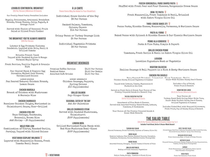 Lovables Catering + Kitchen Menu