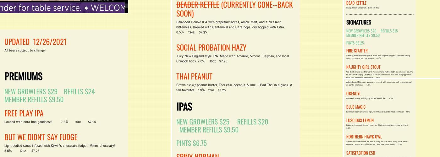 Right Brain Brewery Menu