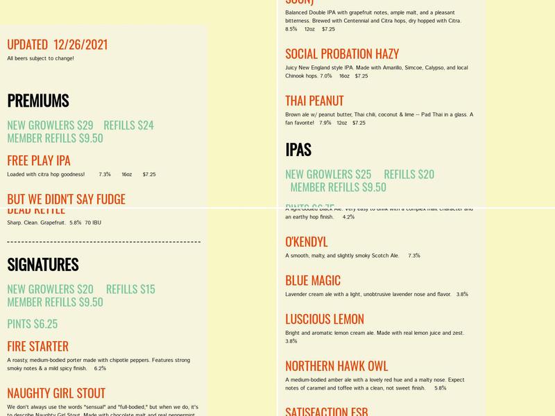 Right Brain Brewery Menu