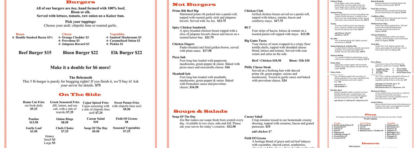 Zee Bar & Grill Menu
