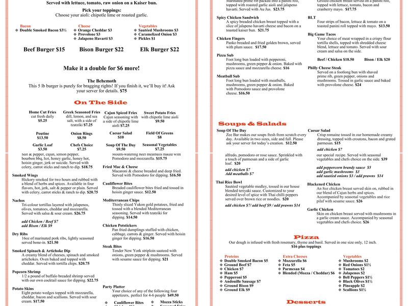 Zee Bar & Grill Menu
