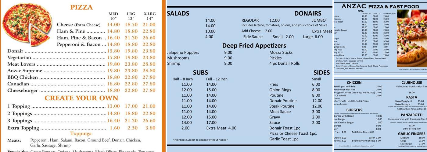 Anzac Pizza & Fast Food Menu