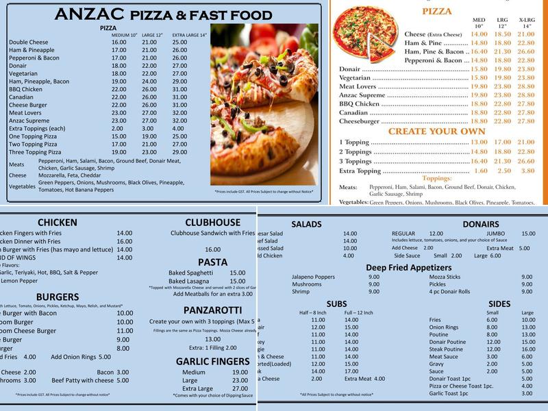 Anzac Pizza & Fast Food Menu