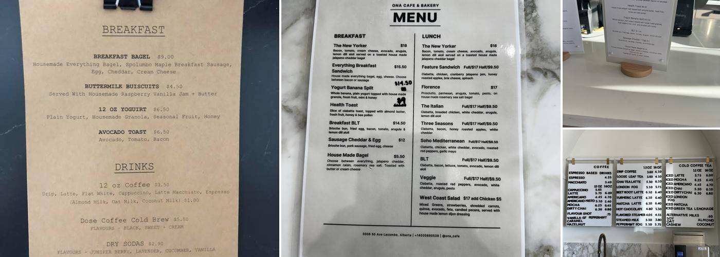 ONA Cafe + Bakery Menu