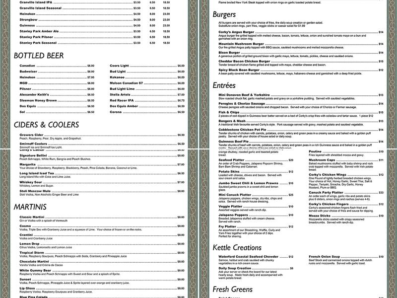 Corky's Irish Pub Menu