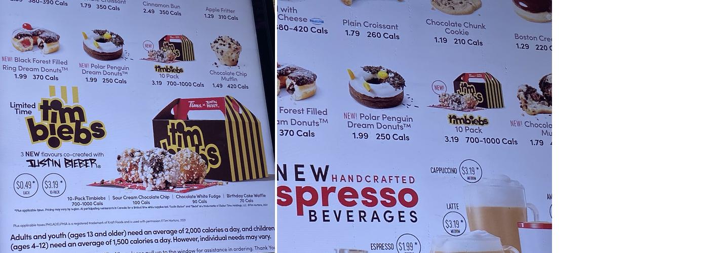 Tim Hortons Menu