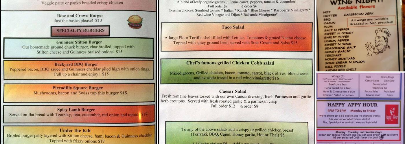 Rose & Crown Pub Menu