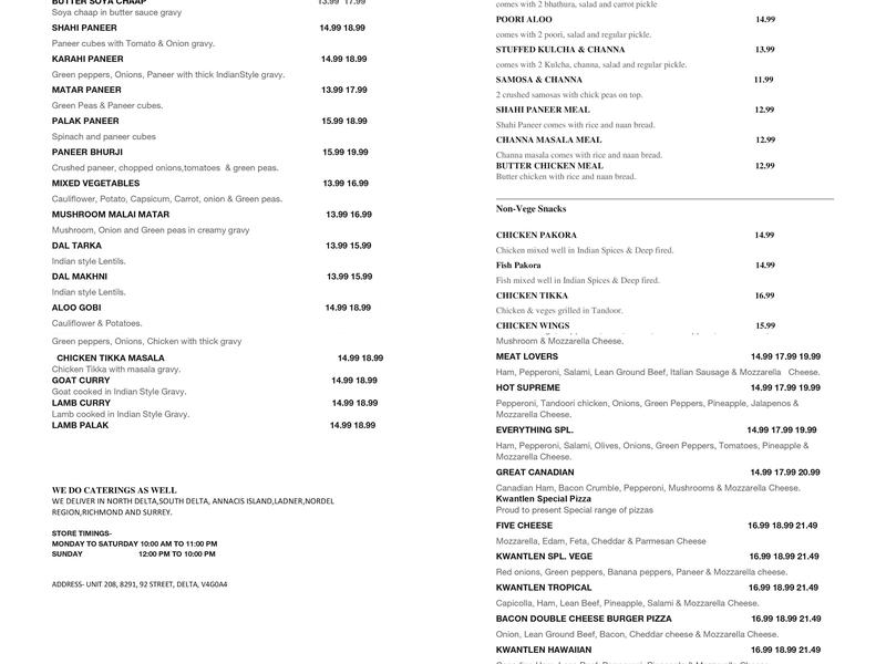 Kwantlen Pizza & Party Place Menu