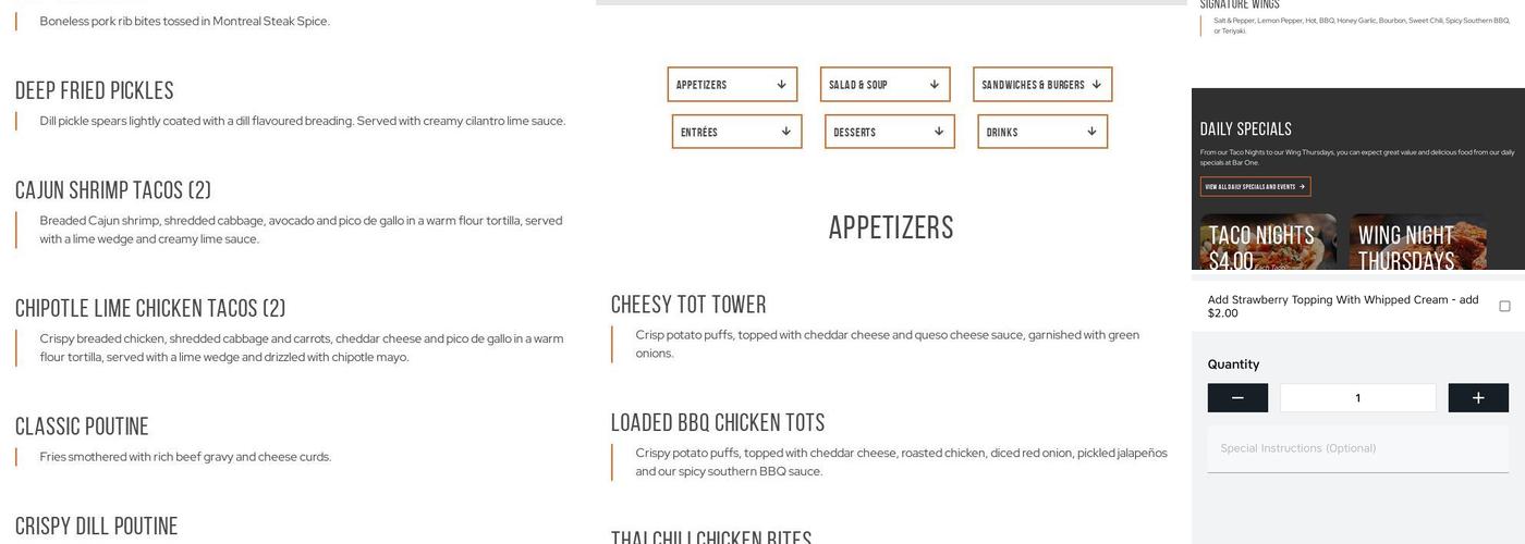 Bar One Menu
