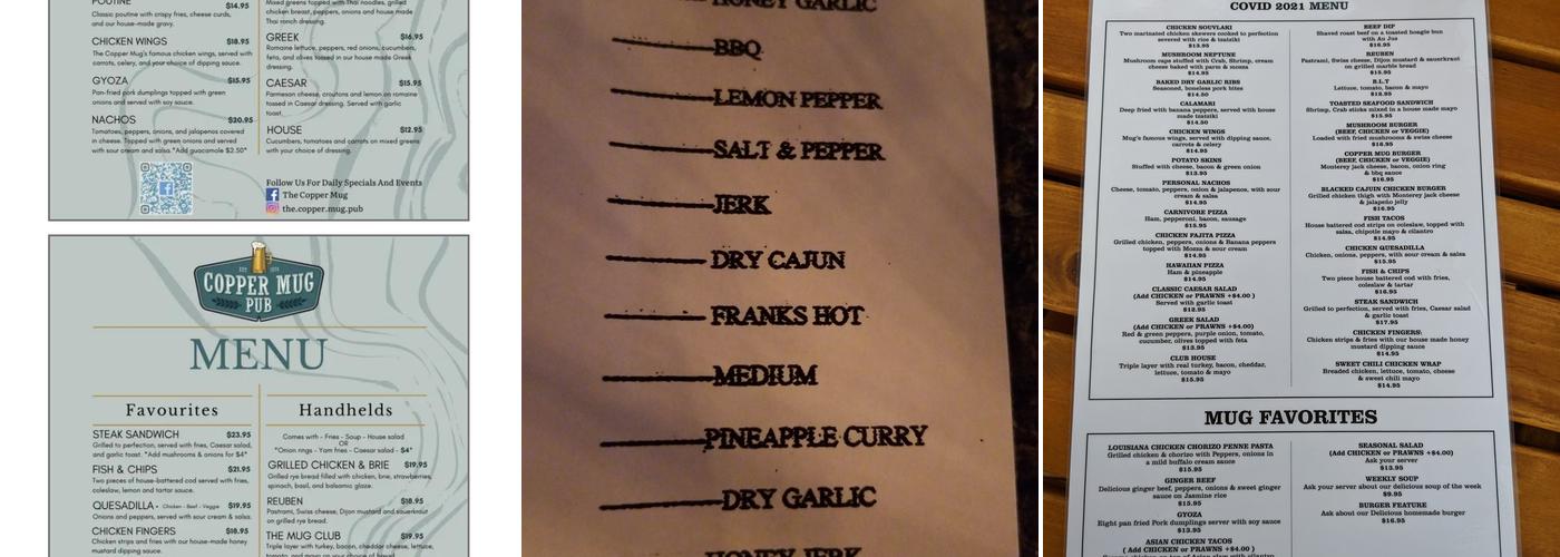 Copper Mug Pub Menu